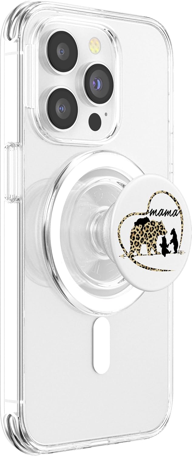 Mama Bear with 3 Cubs Heart Design Cute Mom Cheetah Print PopSockets MagSafe PopGrip for iPhone