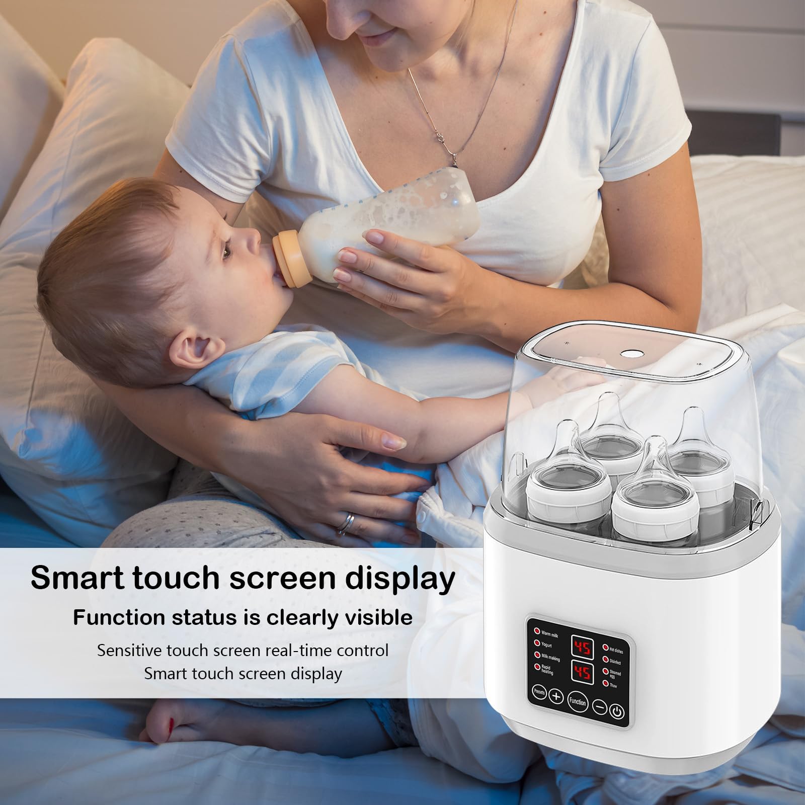 Flaschenwärmer Baby, 8-In-1 Sterilisator für Babyflaschen Flaschenwärmerbabyflaschen Wärmer mit Lcd-Display und Fernbedienung für Erhitzen Auftauen und Sterilisieren Bietet Platz für 4 Flaschen