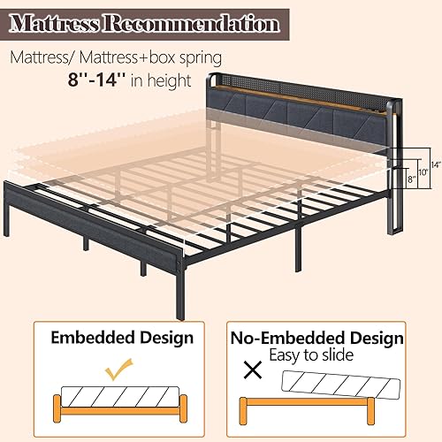 Miniatura 16 de Furnulem Base de cama matrimonial con luces LED, cabecero con estación de carga y puerto USB, plataforma tapizada, soporte de metal, no necesita