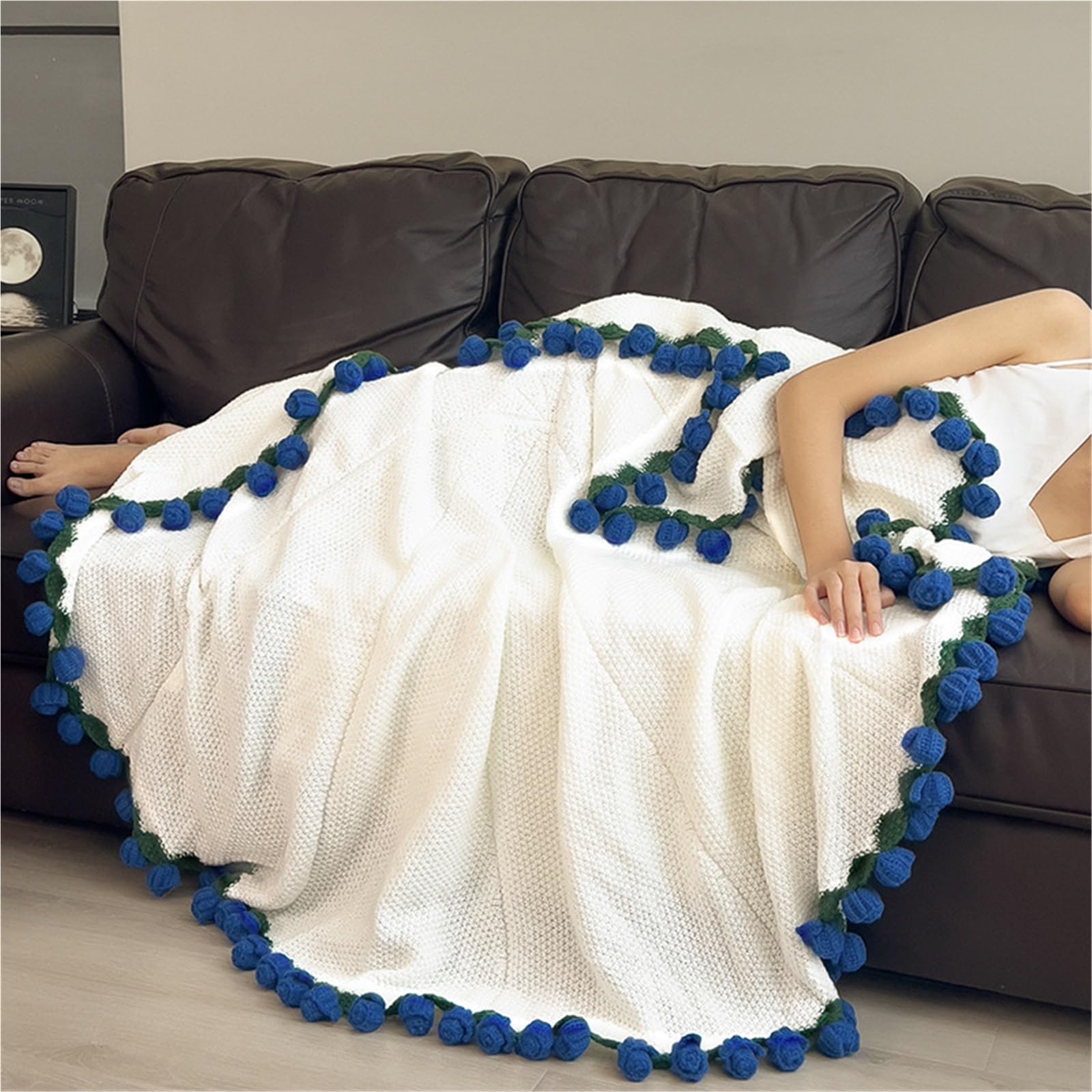 Frzxbkw Blue Flower Bouquet Blanket, Crochet Rose Blanket, Handmade, 4 Colors And 4 Sizes Flower Bouquet Blankets, For Mother's Day Birthday Home Decor(,160Cm/63In-99Flowers)