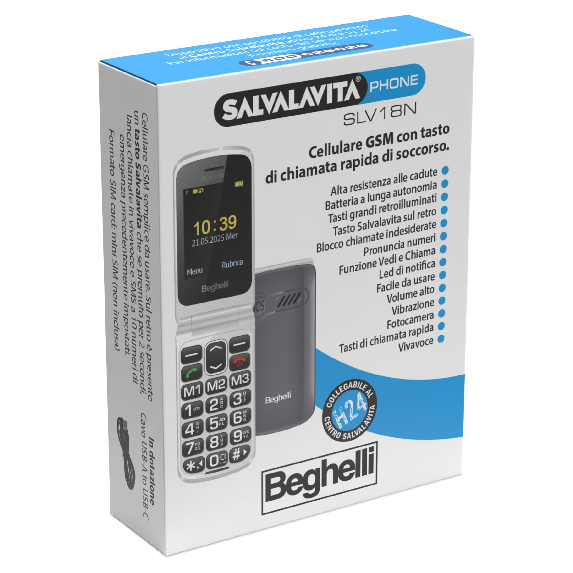 Beghelli Telefono Salvavita per Anziani, Salvalavita Phone SLV18N ECO - Cellulare GSM per Anziani, Tasto SOS, Tasti Grandi Retroilluminati, Vivavoce, Fotocamera, Torcia, Radio (Colore Grigio)
