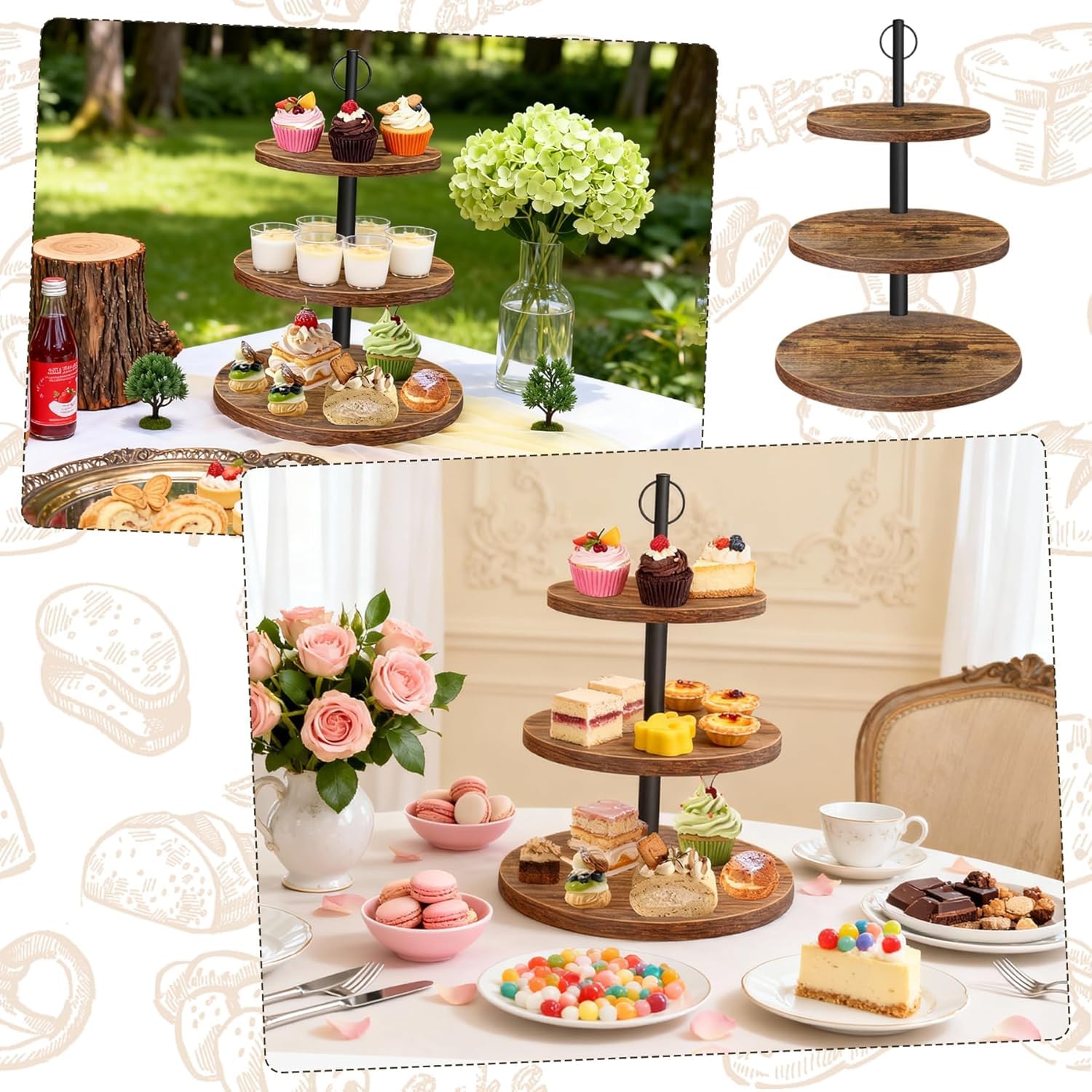 3 Livelli Alzata per Cupcake,Torre per cupcake in legno, Set di 2, per muffin, albero da dessert per Natale, compleanno, festa a casa, matrimonio