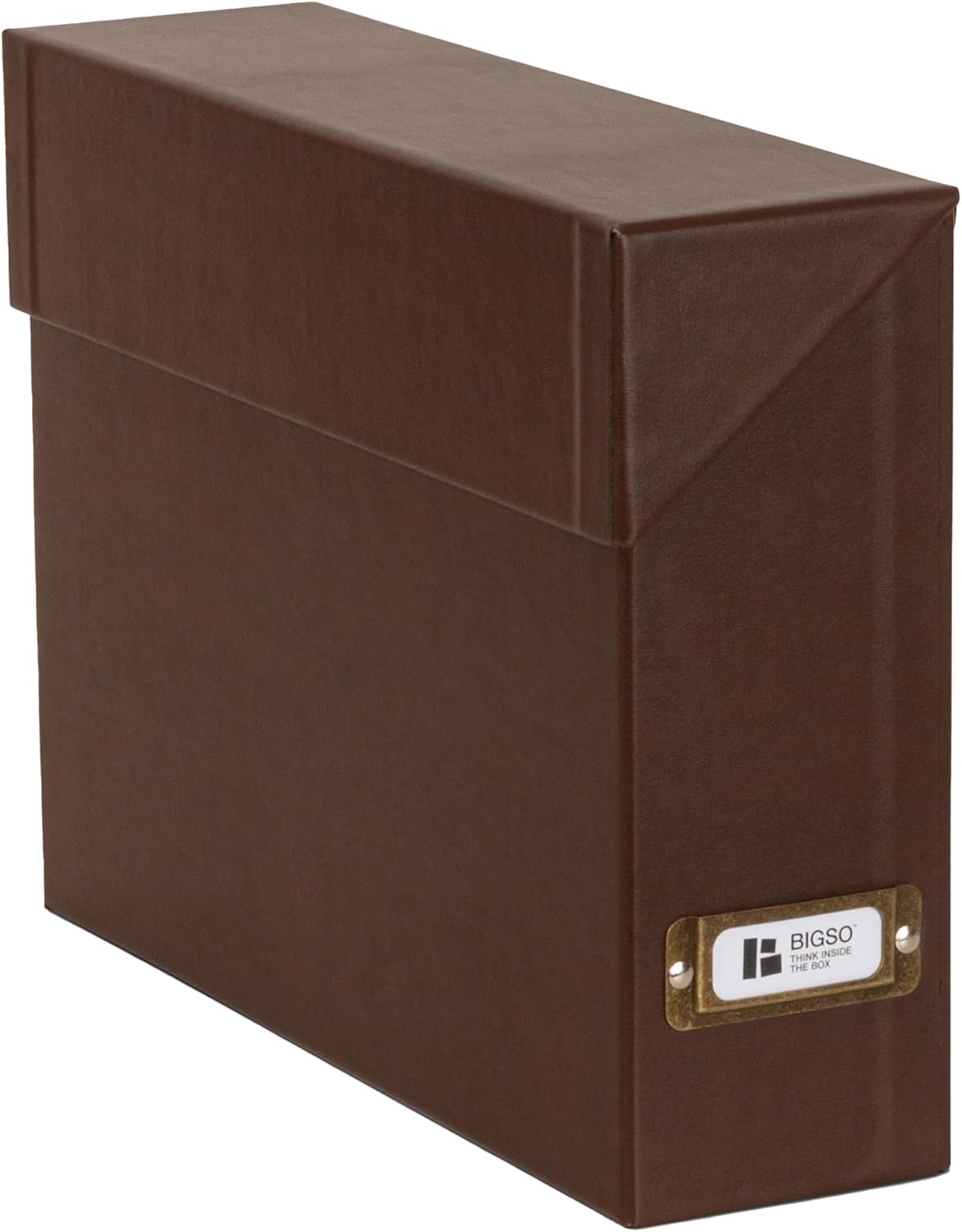 Bigso Lovisa Fiberboard Document Storage Box with 12 Folded Files for A4 and Letter Size Papers - Durable File Organizer Box with Lid and Label Holder - W3.7 x D13 x H9.4 (inches) - Recycled Leather