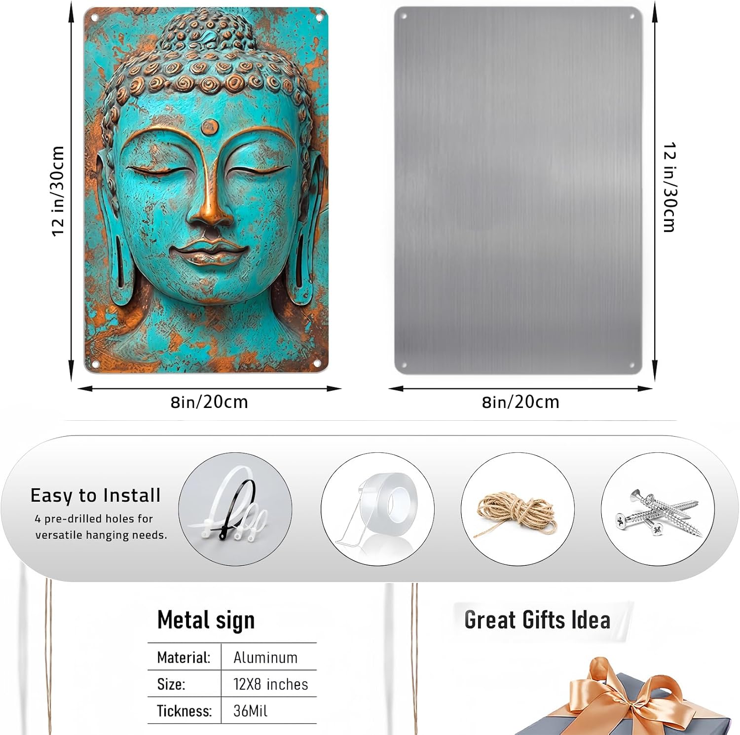 Turquoise Buddha Metal Wall Art, 8x12 Inch Vintage Zen Buddha Aluminum Sign, Rustic Spiritual Decor for Yoga Studio, Meditation Room, Boho Home Accent