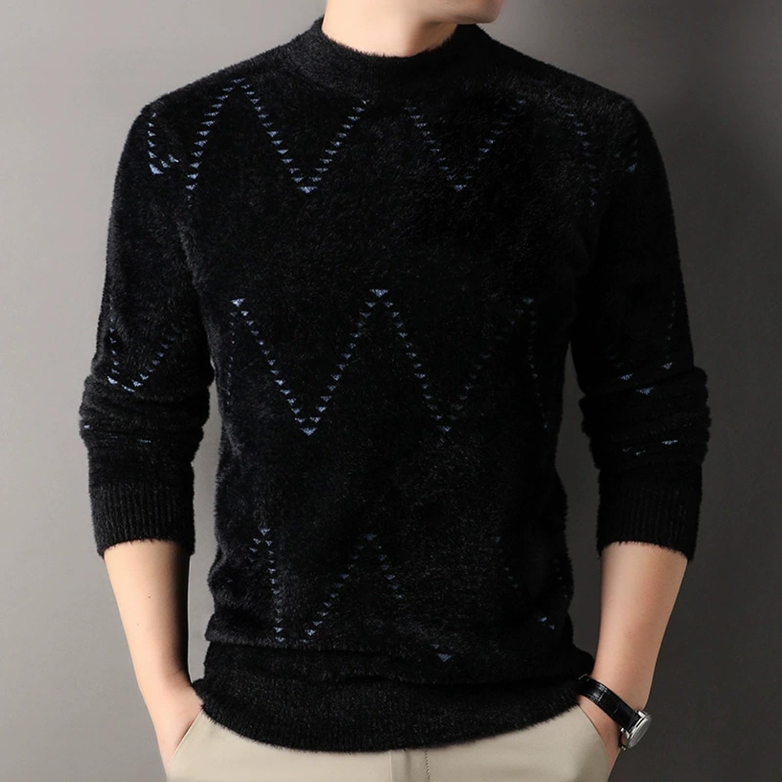 Pull Maille Homme,Pull d'hiver en Tricot Chaud Doublé Polaire avec Col Montant Et Motif Jacquard pour Les VêTements DéContractéS D'ExtéRieur par Temps Froid