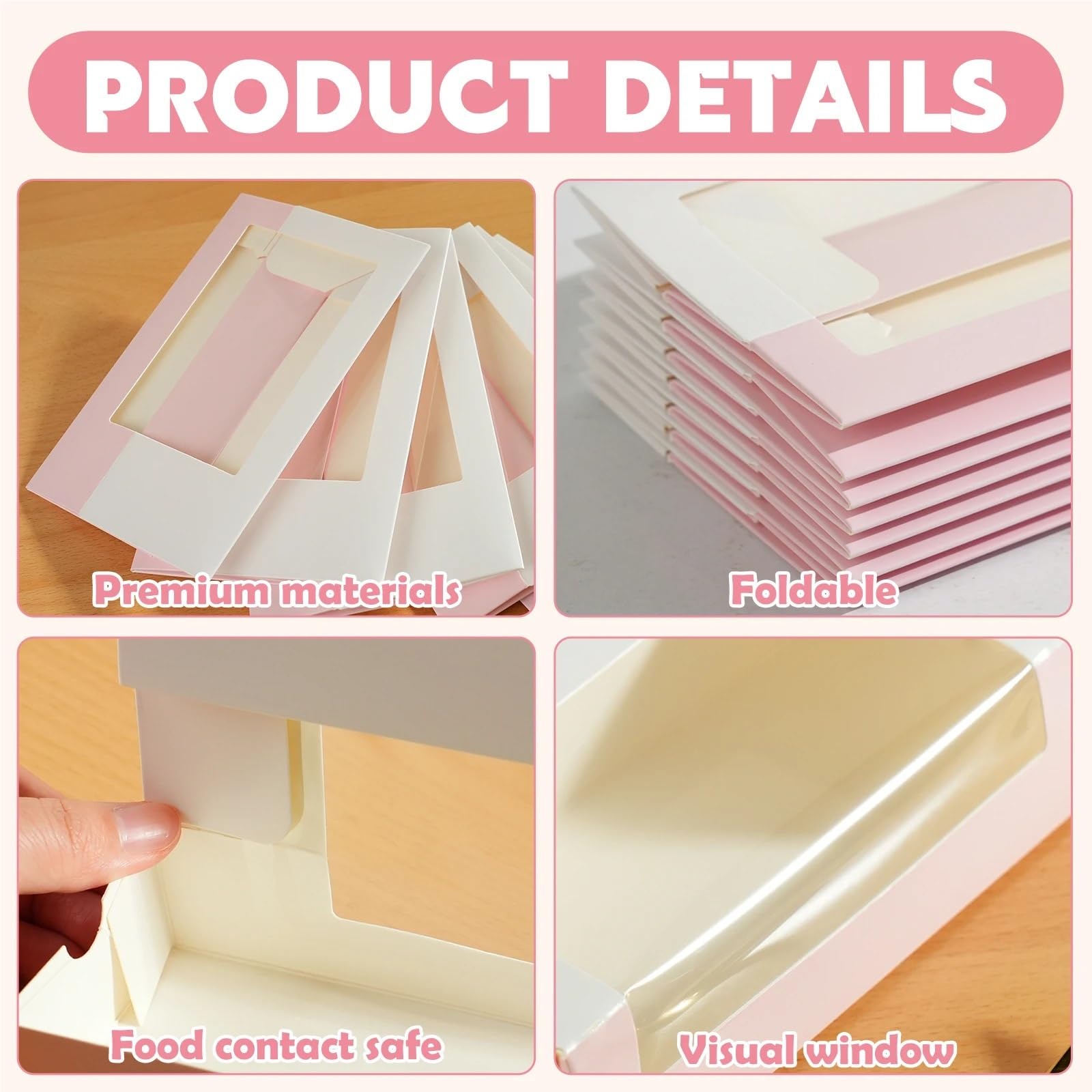 Caja Para Galletas Con Ventana Cajas de embalaje papel rosa con ventana transparente, cajas plegables for hornear dulces y macarrones, for bodas, fiestas cumpleaños(30pcs pink)