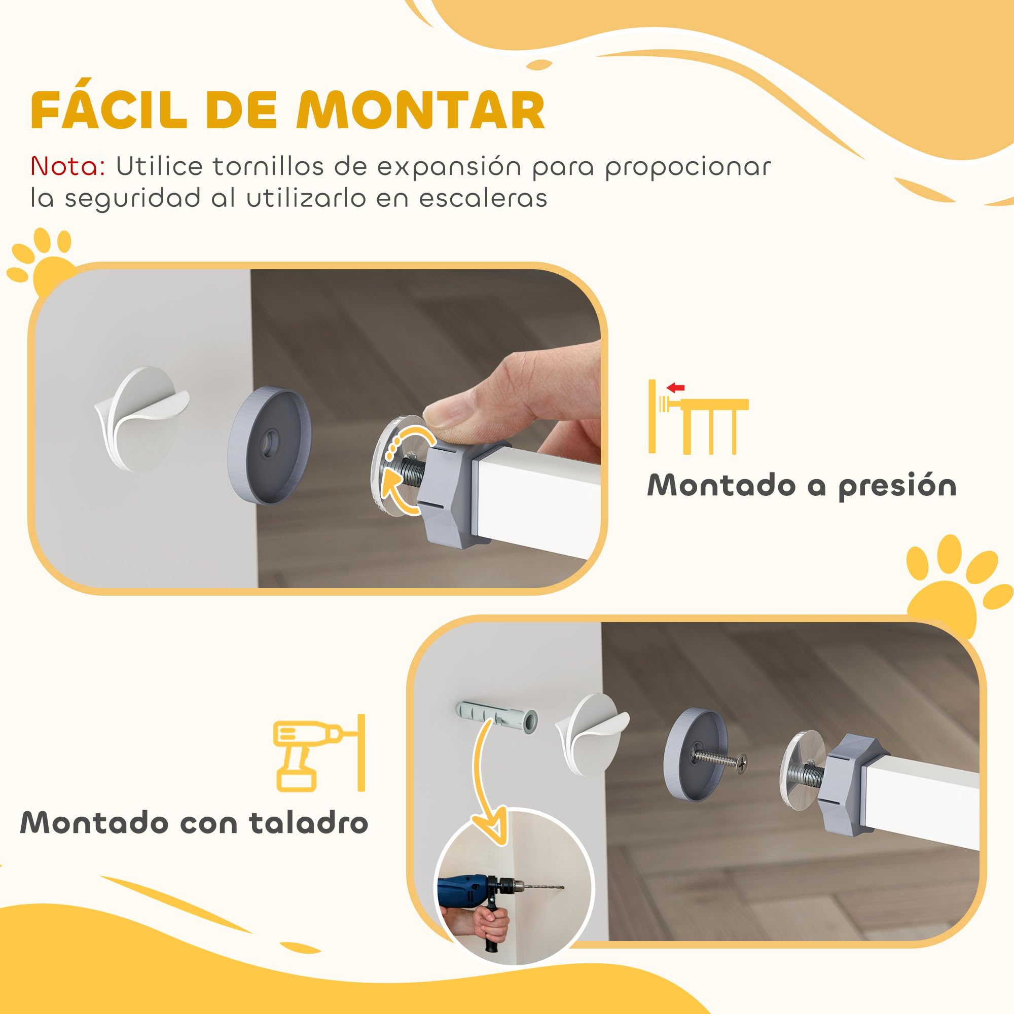 Pawhut - Barrera de Seguridad metálica para Puertas y escaleras con extensión de 17,5 cm, Sistema de Cierre automático 74,5-84,5 x 76,2 cm, Color Blanco