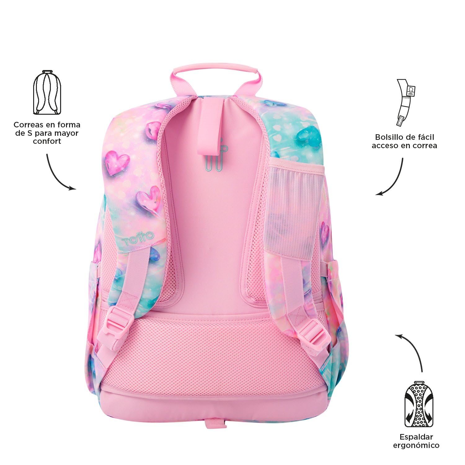 TOTTO - Mochila Escolar Adaptable a Carro, Modelo Acuareles, Capacidad 20L, Bolsillo para Pc 14", 2 Bolsillo Botella, Espaldar Ergonómico con Flujo de Aire, Correas en S, Estampado Shiny Heart Glitter