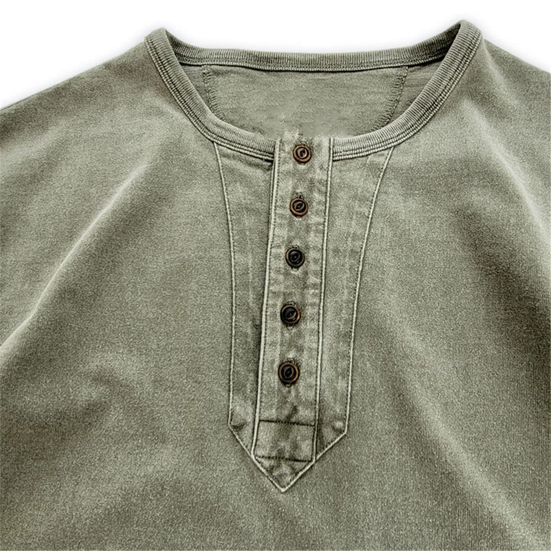 Męska koszulka Henley Collar z krótkim rękawem vintage koszulki, Khaki, L