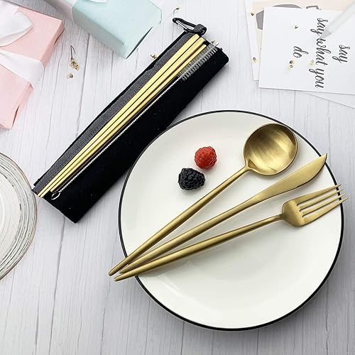 Miniatura 6 de JASHII Juego de cubiertos de viaje de acero inoxidable, tenedor, cuchara, cuchillo, pajilla, reutilizable, con funda, juego de utensilios portátiles