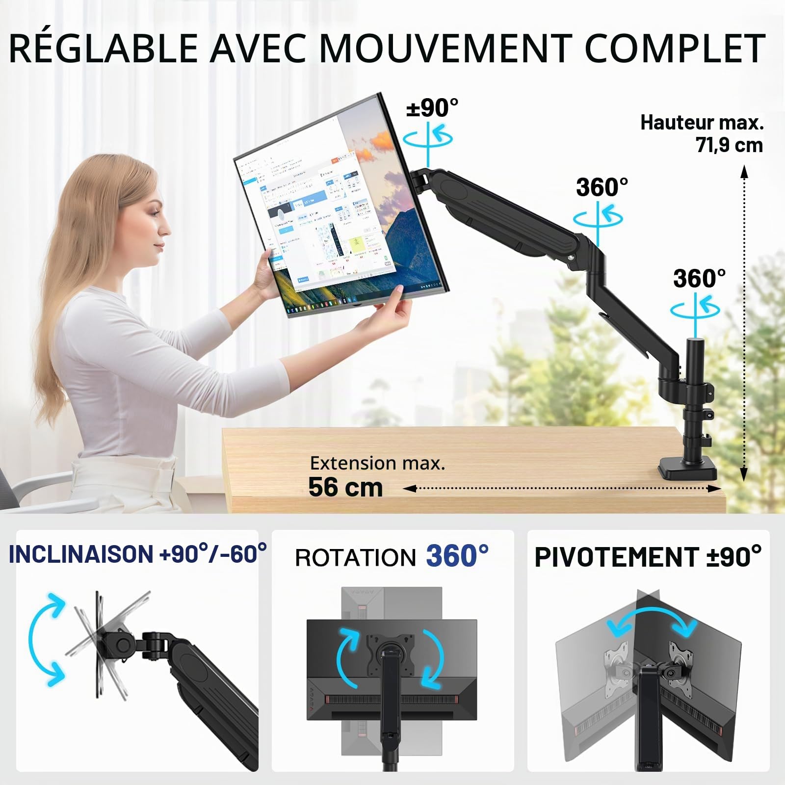 TVON Support Écran PC pour Écrans 17-32 Pouces jusqu'à 9 kg | Bras Écran PC élevé, tout réglable, gain place, montage simple, 2 socles, VESA 75/100mm