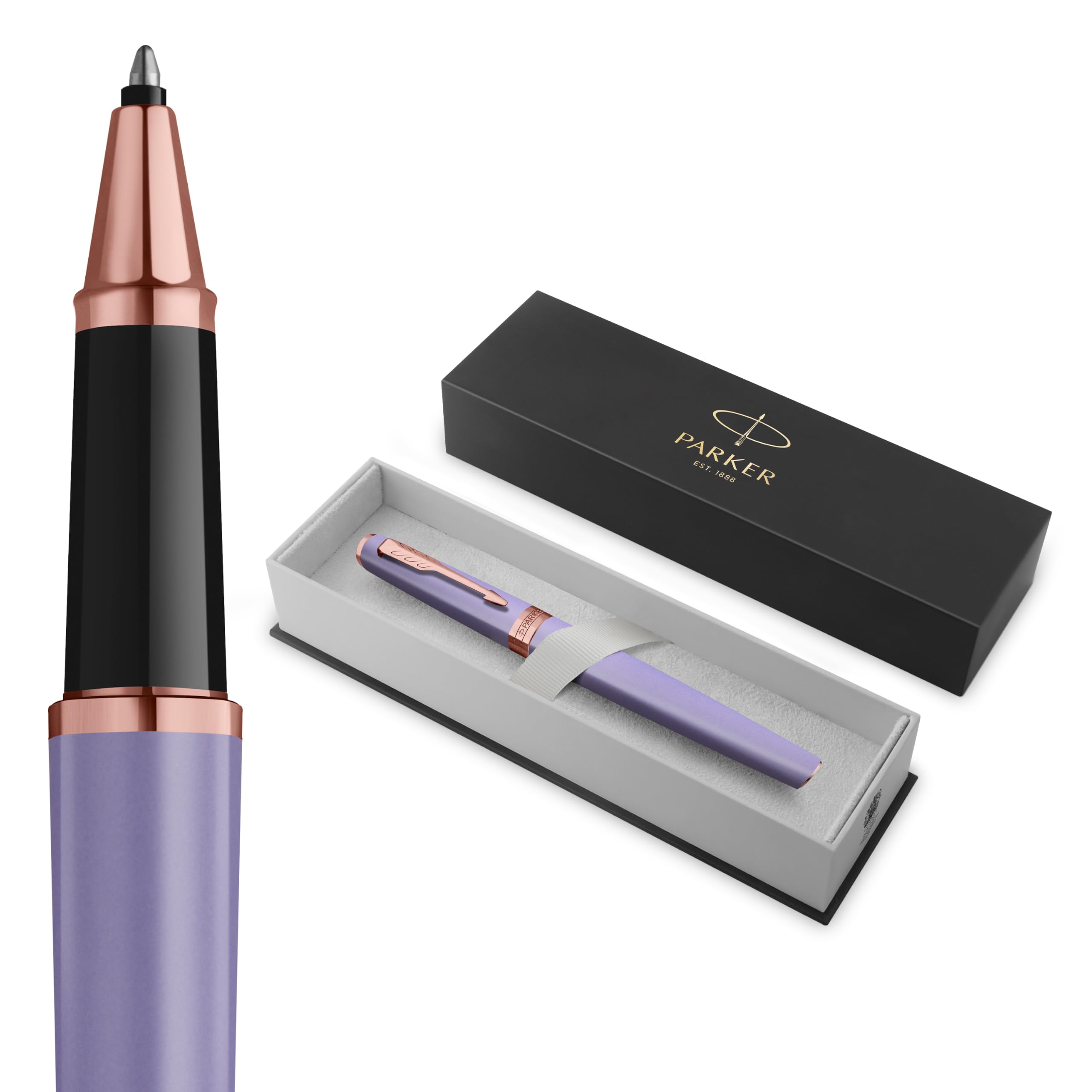 PARKER Meridian Rollerball Pen | Lilac Lacquer with Rose Gold Trims | Fine Nib | Handwriting Pens & Stationery Supplies | Black Ink | Luxury Gift Box