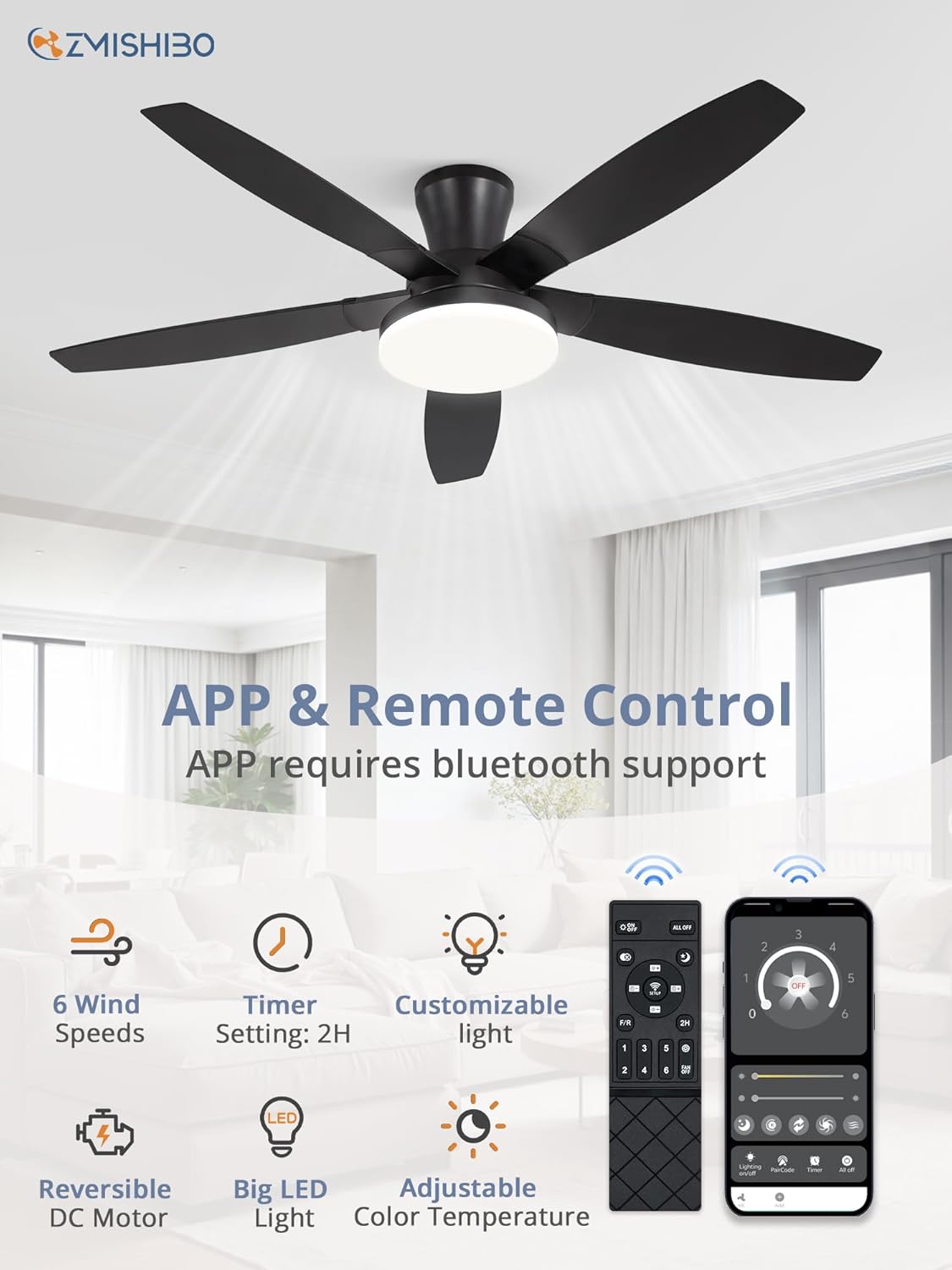ZMISHIBO 52 inch Ceiling Fans with Lights and Remote/APP Control,Black Low Profile Ceiling Fan with Light,Quiet DC Motor,LED Dimmable, Modern Flush Mount Ceiling Fan for Bedroom Indoor/Outdoor Patio - Image 2