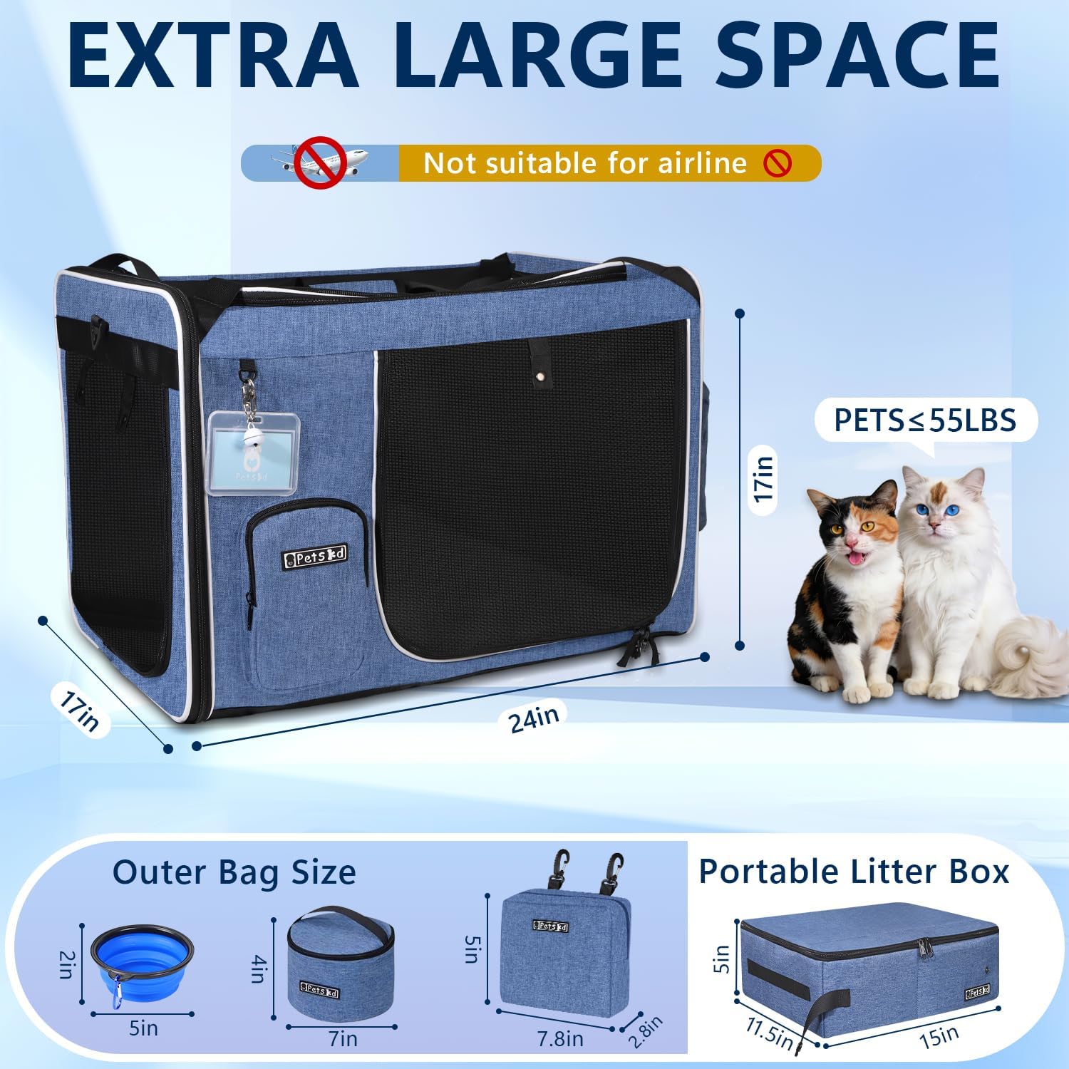 Petskd Extra Large Cat Carrier with Litter Box for Car Travel,24"x17"x17"Portable Soft-Sided Pet Carrier with Zipper Locks for Large Mudium Cats or 2 Small Cats Under 55LBS(Blue)