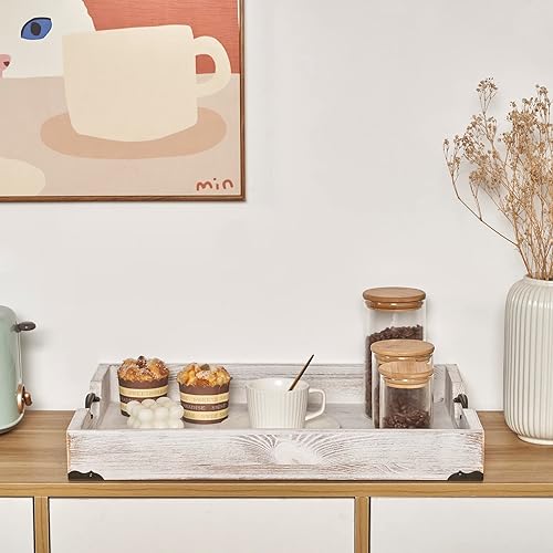 Miniatura 7 de Bandeja rectangular grande de madera para servir de 20 x 14 pulgadas, bandeja otomana de madera rústica con mango de metal y esquinas envueltas,