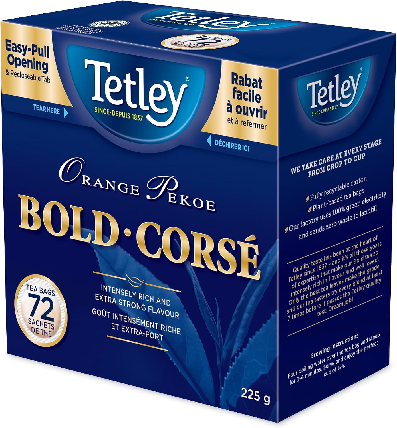 Tetley Orange Pekoe Bold Tea, Strong & Rich Black Tea - 72 Tea Bags, 225 Grams, Contains Caffeine, Caffeinated
