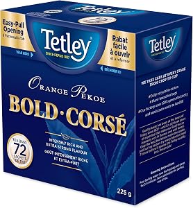 Tetley Orange Pekoe Bold Thé, Thé noir fort et riche - 72 sachets de thé, 225 grammes, Contient de la caféine, Caféiné