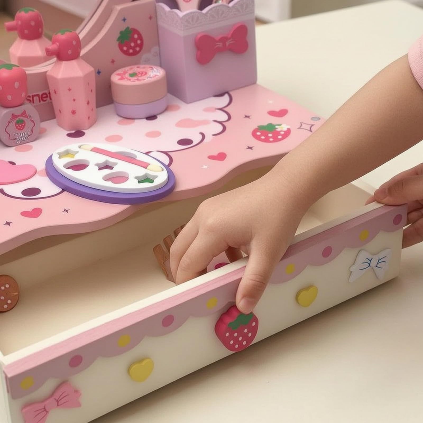 Baoblaze Toeletta Giocattolo Bambina Toelettatura Trucco Specchiera Finta Legno con Specchio a Cuore Cassetto E Accessori di Bellezza Completa di Pettine Forbici Rossetto Adatta per Cameretta