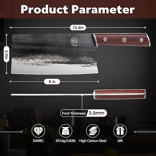 Vista 6 de TAN REN Cuchillo de carnicero de 8 pulgadas, cuchillo chino de acero de alto carbono, corte de huesos resistente con mango de madera, cuchillo