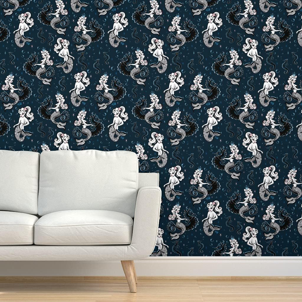 Black Friday - 60% OFF Spoonflower Peel and Stick Removable Wallpaper, Mermaid Mermaids Retro Mermaid Vintage Mermaid Seahorse Mermaid Print, Self-Adhesive Wallpaper 24in x 108in Roll