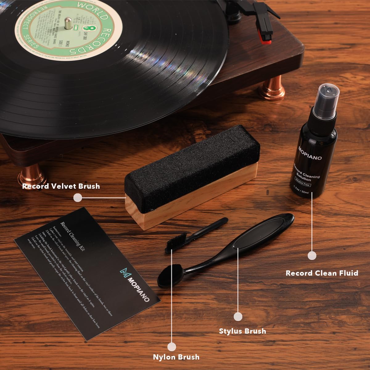 Mopiano Record Cleaning Kit|Complete 4-in-1 Vinyl Record Cleaner for Albums|Includes Soft Velvet Vinyl Record Brush,LP Cleaning Liquid,Stylus Brush,Nylon Brush thumbnail