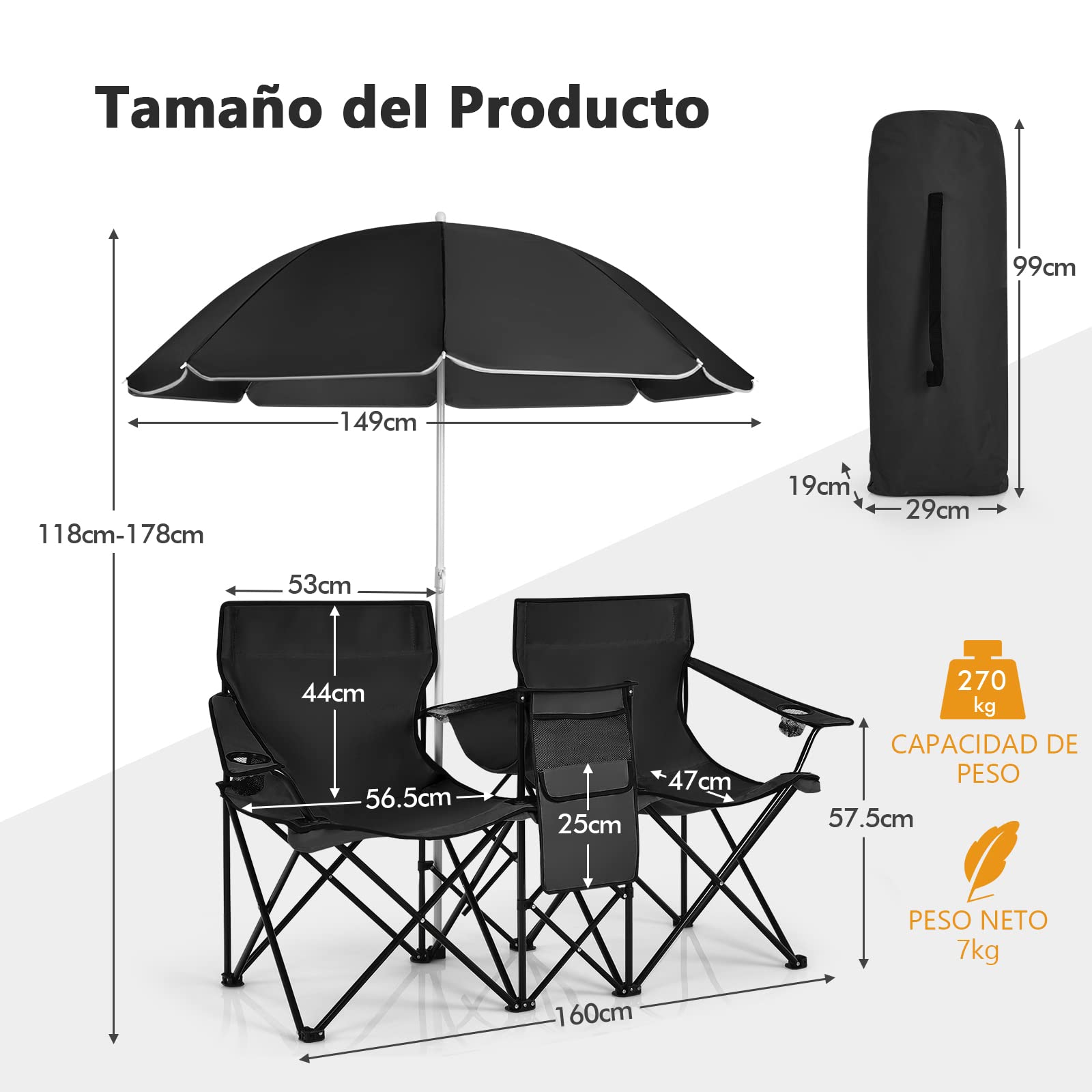 GIANTEX Juego de 2 Sillas de Camping Plegables con Sombrilla, Sillas de Pesca para 2 Plazas con Portavasos y Bolsa Nevera, para 2 Personas, con Bolsa de Transporte (Negro)