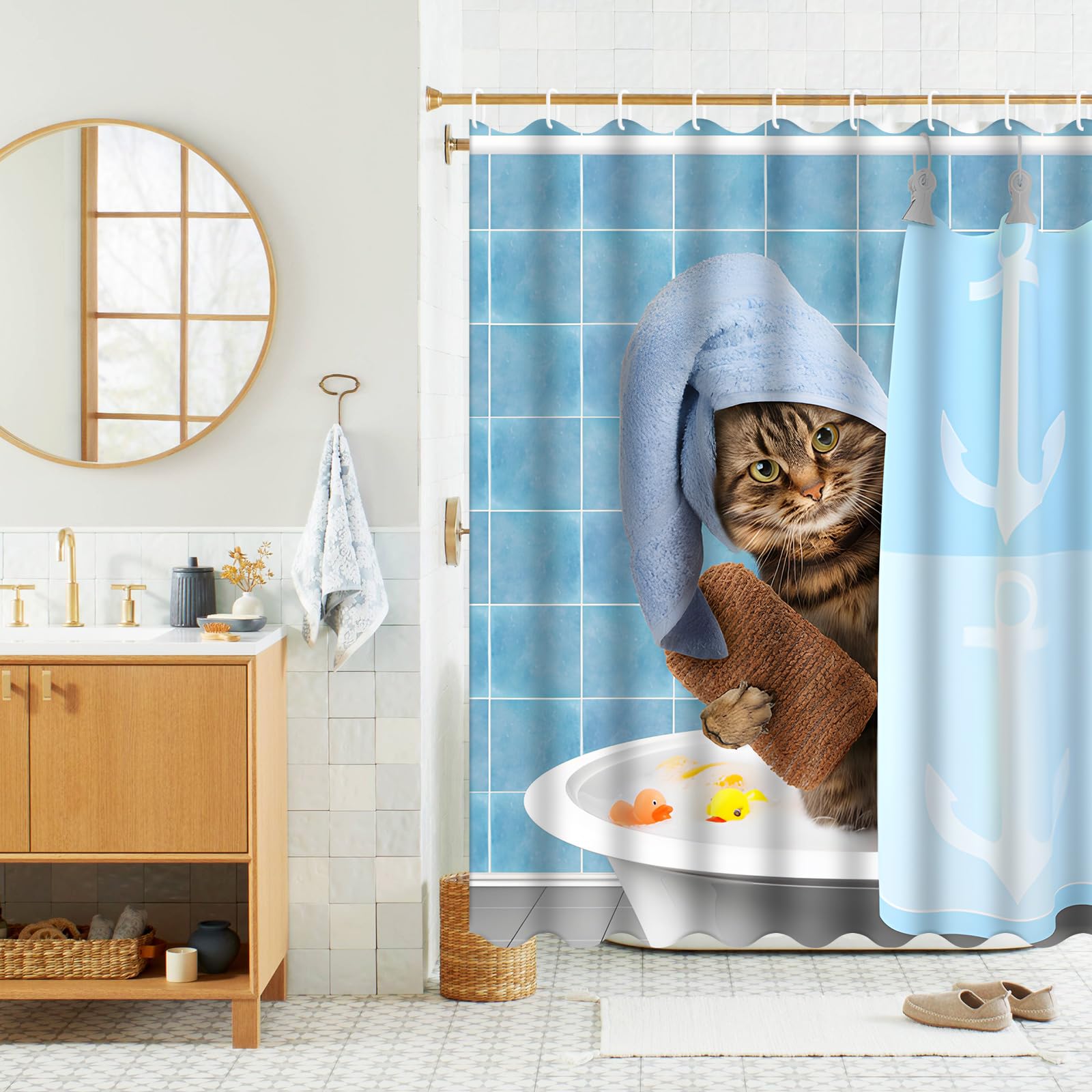 Tenda da doccia con gatto, 180 x 180 cm, impermeabile, antimuffa, con 12 ganci per doccia, blu, divertente, per vasca da bagno, doccia, per bambini, lavabile, in poliestere, per vasca da bagno