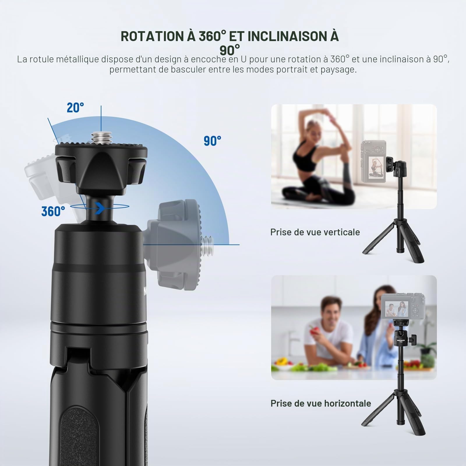 NEEWER Mini Perche à Selfie Bureau Trépied Compatible avec iPhone,GoPro,Insta360,DJI,avec 360°Rotule et Axe Central Élevé,Support Portable en Métal pour Caméra,Webcam,Téléphone Portable,Vlog,TP43 Noir