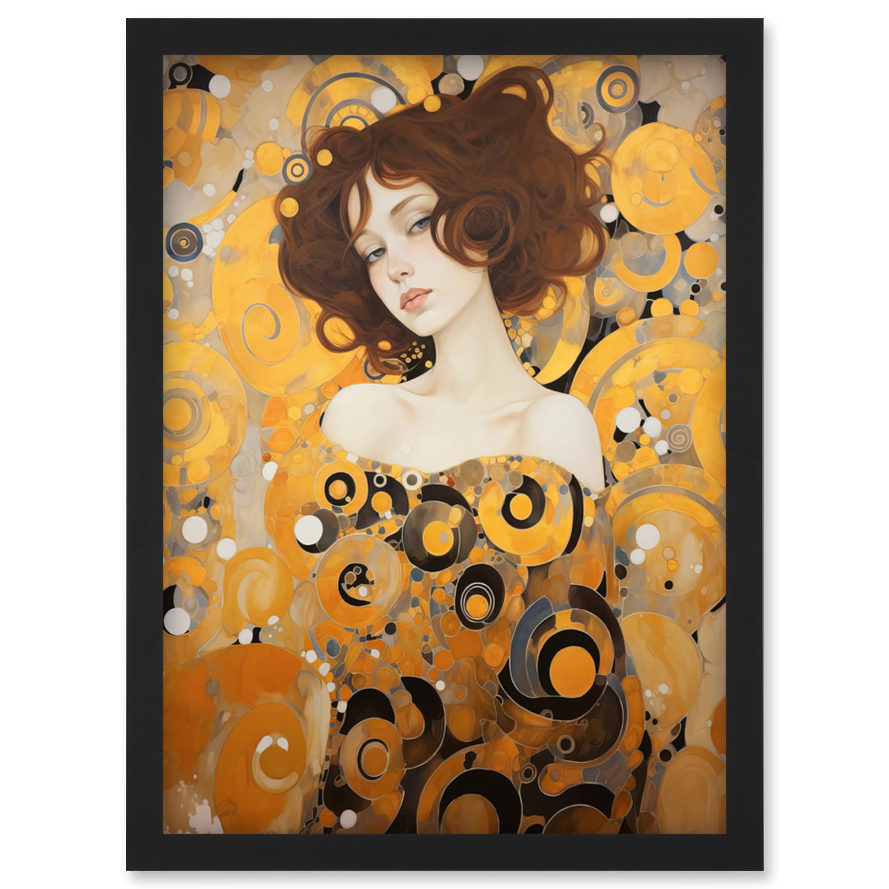 Artery8 Woman Portrait Gustav Klimt Style Oil Painting Gold Brown Artist Muse Art Nouveau Artwork Framed Wall Art Print A4