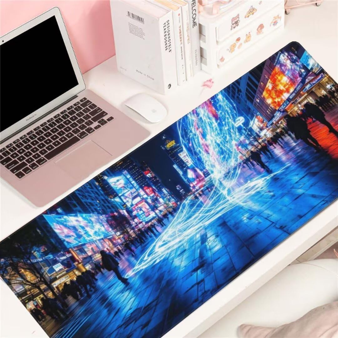 Alfombrilla de ratón 1400x600x3 MM, Alfombrilla Ratón XXL Extendida de Gran Tamaño con Bordes Cosidos, Base de Goma Antideslizante Almohadilla para Teclado, Calle Vista Nocturna S-12077