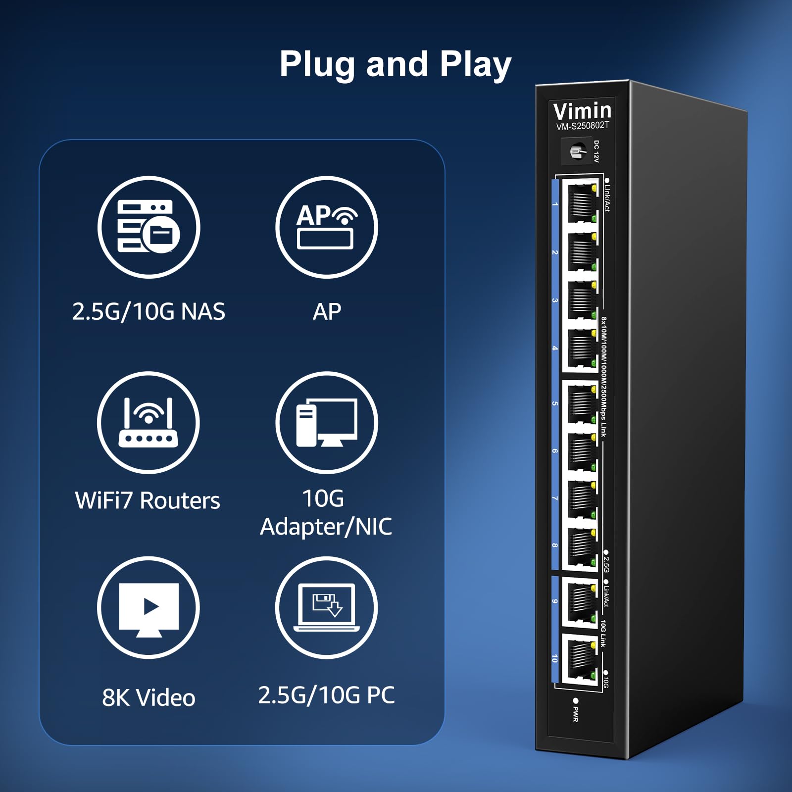 10 Port 10G/2.5G Ethernet-Switch mit Dual 10GBASE-T, Vimin 8x 2.5G + 2 x 10Gb RJ45 Ports Unmanaged Switch, 80 Gbit/s Kapazität, 10G Switch Desktop Wandmontage-Netzwerk-Switch für NAS, PC, Access Point