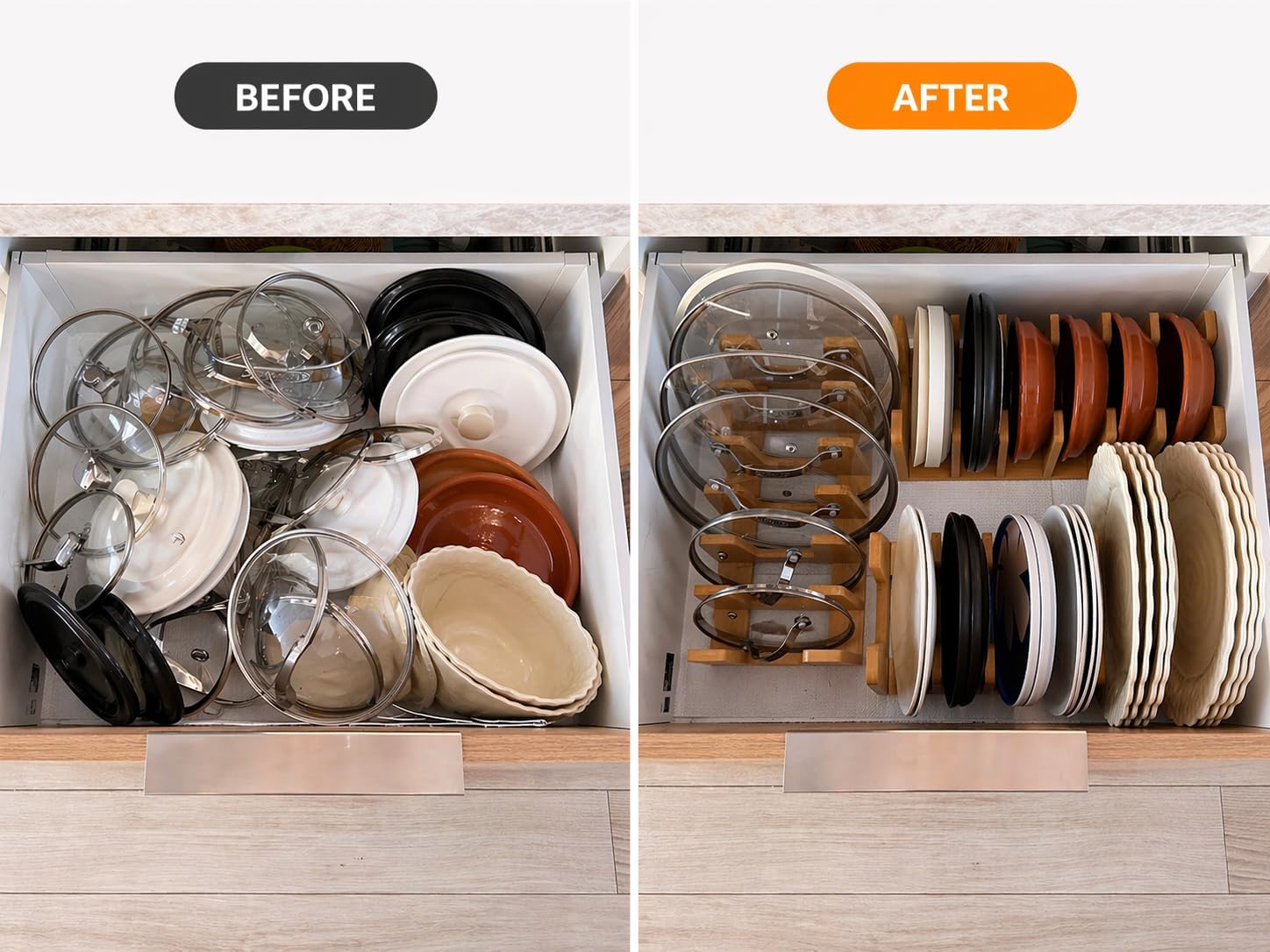Piporea Natural Bamboo kitchen cabinet organizer – Multiuse lid organizers inside cabinet for cookware, bakeware & cutting boards – Durable pot and pan organizer for under cabinet