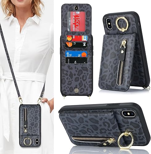 Funda para iPhone Xs Max con tarjetero para mujer, iPhone Xs Max con correa y ranuras para tarjetas de crédito, bandolera con cremallera y función