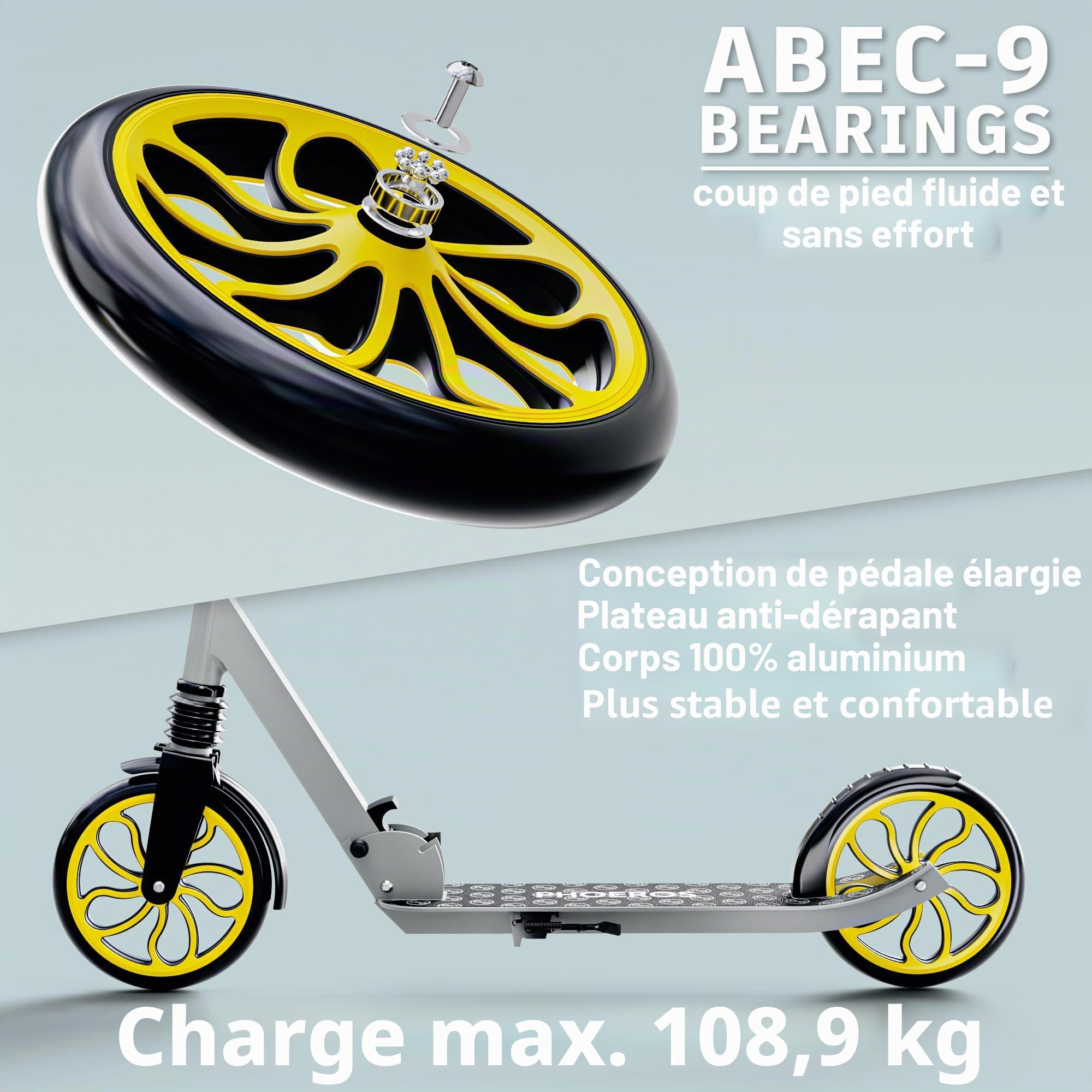 PHOEROS Trottinette pour Enfants 6-12Ans,Adolescents et Adultes Trottinette Pliable Aluminium Léger pour Ados,Garçons&Filles,avec Grandes Roues 200mm,3 Hauteurs Réglables,Absorption Chocs