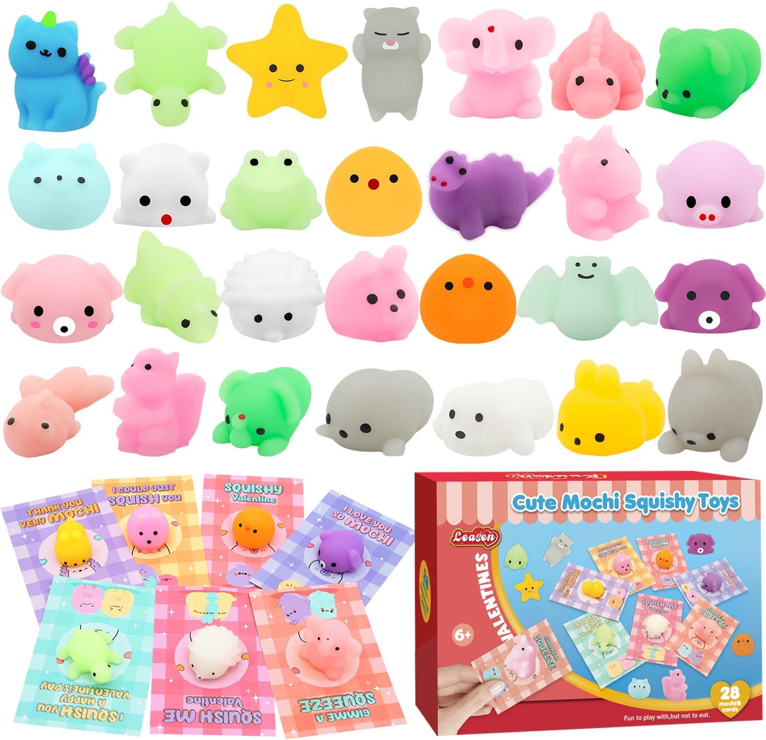 LEASEN 28 Pack Valentines Day Gifts for Kids, Mochi Squishies Party Favor Set with Valentines Animal Greeting Cards for Kids, Valentine's Day Classroom Exchange Gifts Set, School Prizes Party Favor