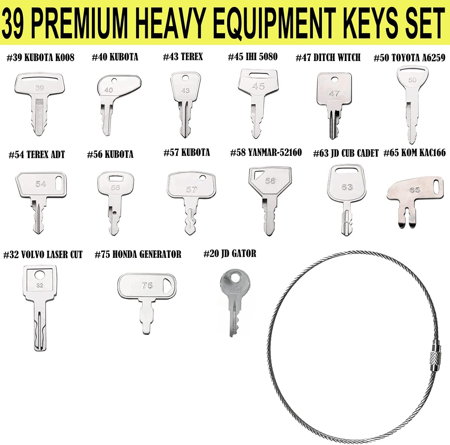39 Heavy Equipment Keys Master Set, Construction Machines Operator Spare Keys for Cat Caterpillar Case JD Komatsu Kubota Yanmar Daewoo Hyster Takeuchi Ford New Holland Volvo JCB and More