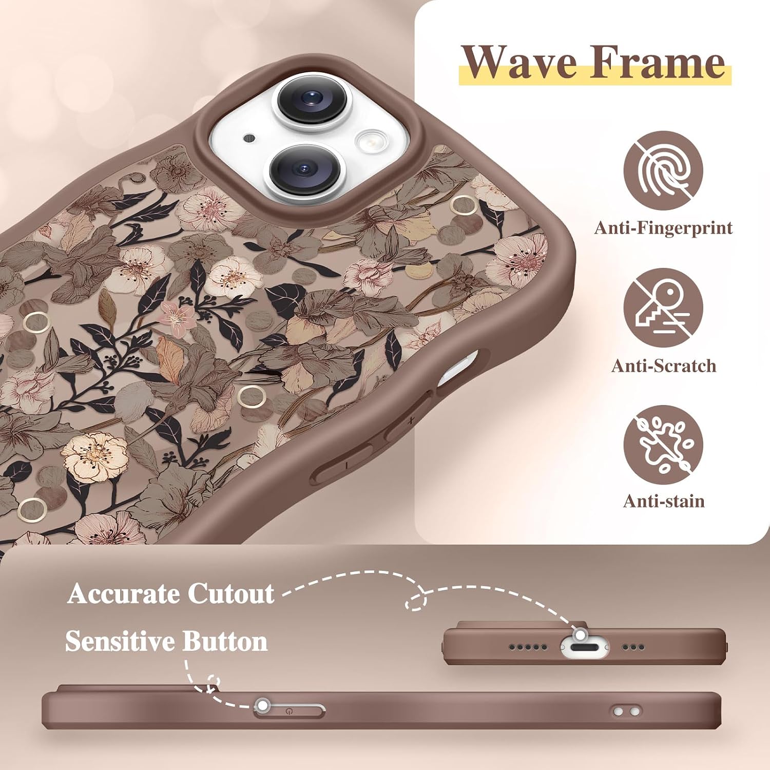 GVIEWIN for iPhone 14 Case & iPhone 13 Case Compatible with MagSafe [Curly Wave Edge] Floral Translucent Shockproof Magnetic Women Phone Case for iPhone 14/13 6.1'', Apricot Blossom/Brown