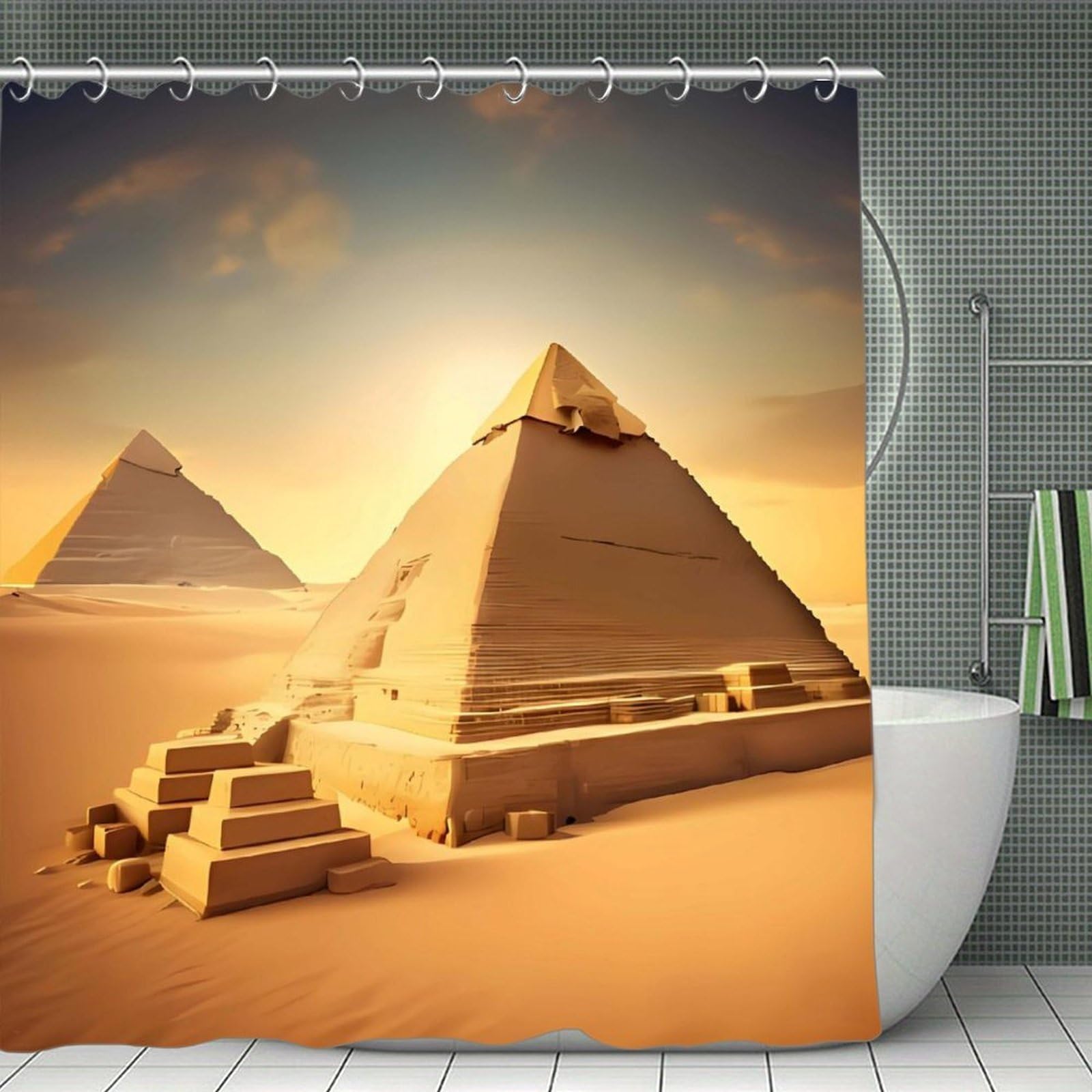 QMNLKH Egyptian Pyramid in Desert Shower Curtain with Hooks, Waterproof Bath Curtains for Bathroom, Lightweight Bath Curtains Liner for Hotel, Personalized Bath Curtain for Spa, 70.8 Inch