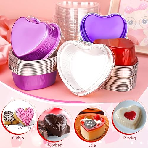 Miniatura 3 de Sartenes de aluminio en forma de corazón, 40 paquetes de moldes de aluminio para tartas de corazón con tapas para hornear, 3.4 onzas/3.4 fl oz para