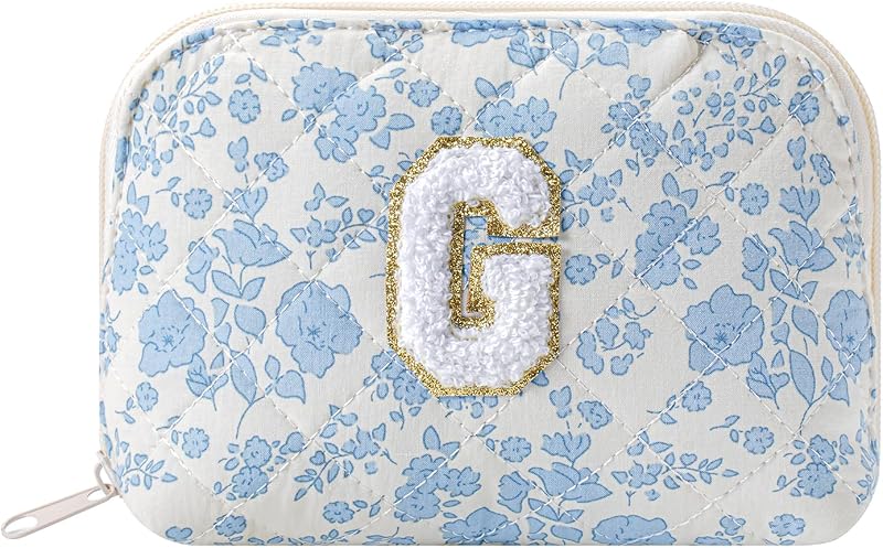 Necessaire WHHJM Dome em Algodão Matelassê com Zíper, Estampa Floral Azul, Modelo G
