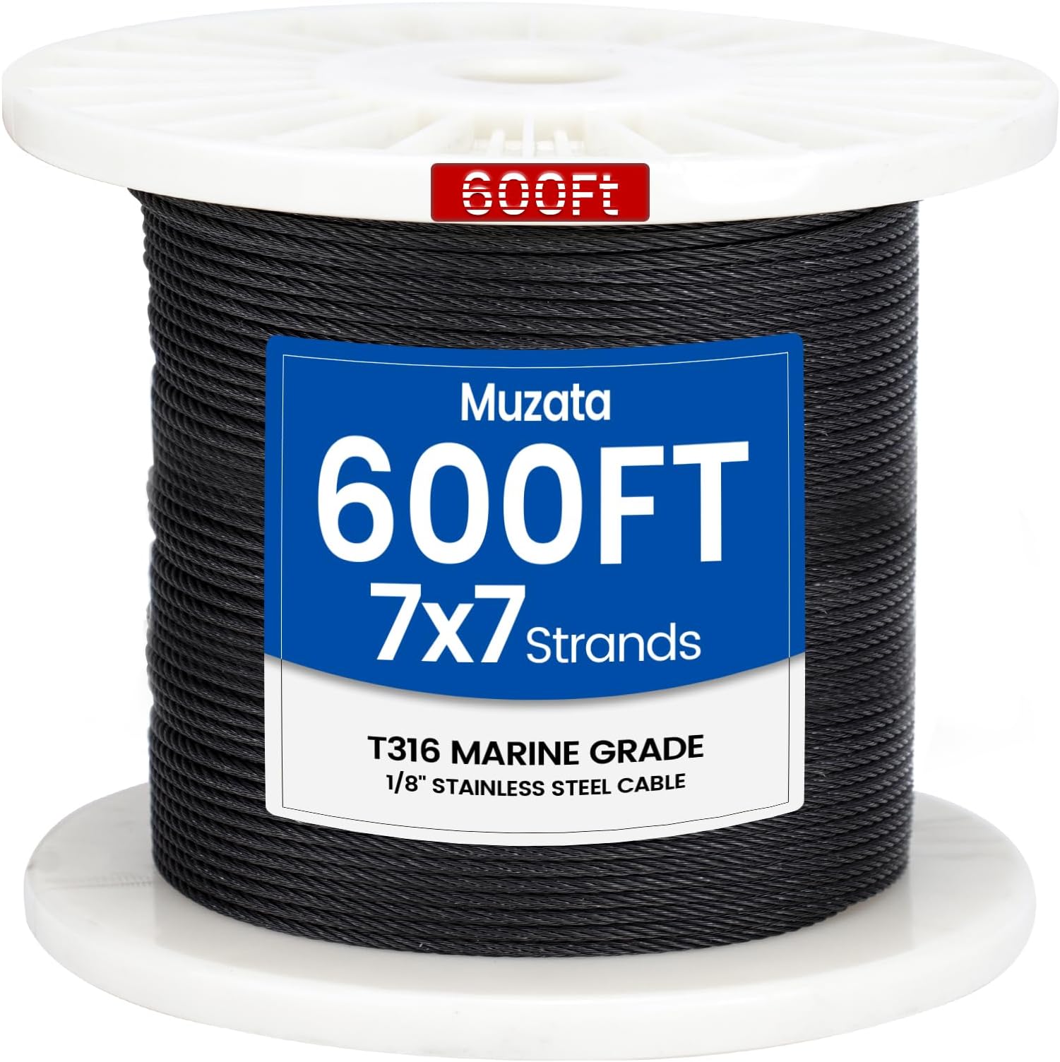 Muzata 600 ft 1/8" Black Stainless Steel Cable Railing System Hardware T316 Stainless Steel Wire Rope 7x7 Strands 1800 lb Breaking Strength Black Cable Railing Kit for Indoor Outdoor WR19