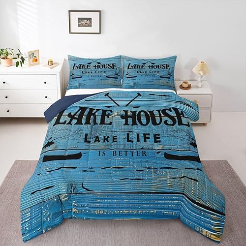 Miniatura 18 de Lake Life - Juego de edredón de tamaño King, juego de ropa de cama con remo de lago rústico, decoración de casa de lago, regalos para niños, vallas