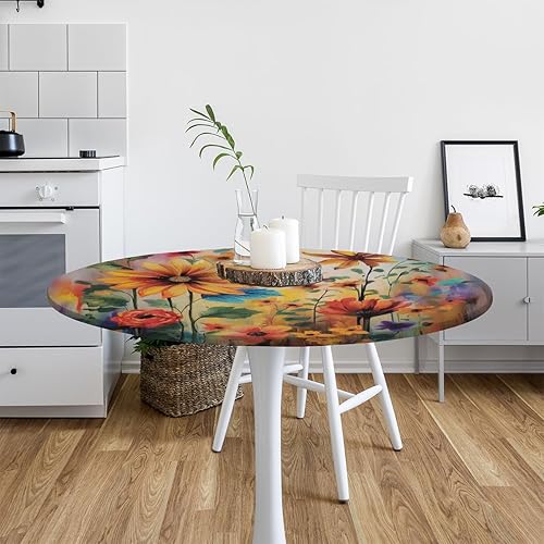 Vista 136 de Mantel redondo ajustable con borde elástico, mantel de hojas coloridas abstractas, impermeable, lavable, para mesas redondas, ideal para picnic