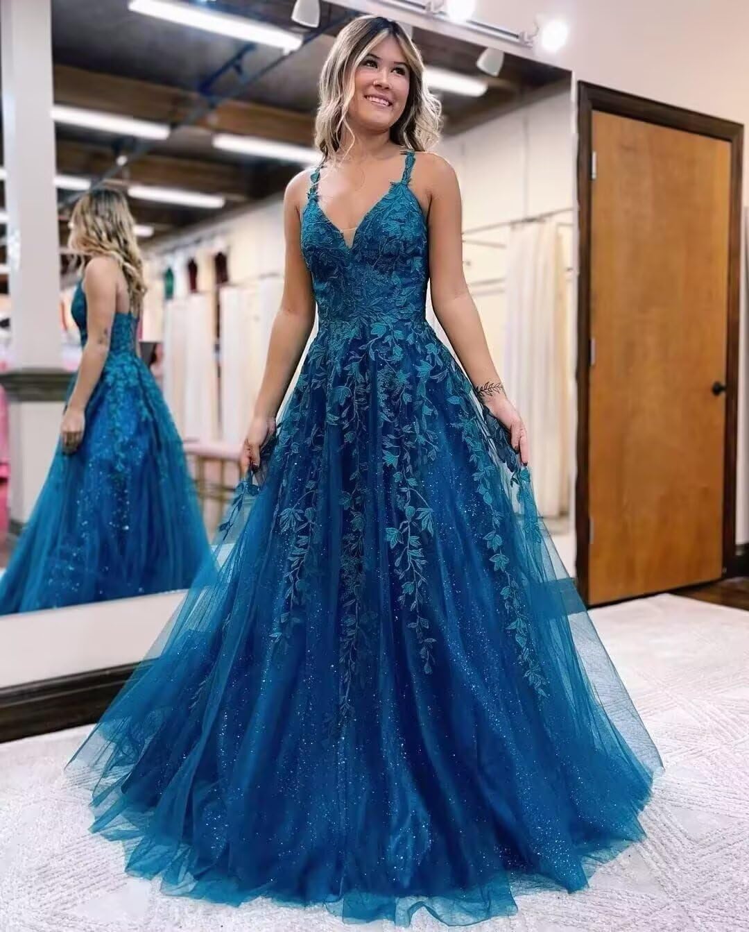 LORIE V Neck Glitter Tulle Prom Dresses for Women 2026 Lace Appliques Long Spaghetti Strap A-Line Formal Evening Ball Gowns