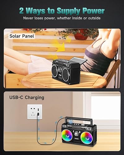 Miniatura 5 de PRUNUS Radio FM 750 AM portátil con altavoz doble Bluetooth, luz colorida, reproducción de tarjetas USBTF y radios recargables USB-Csolares, radio