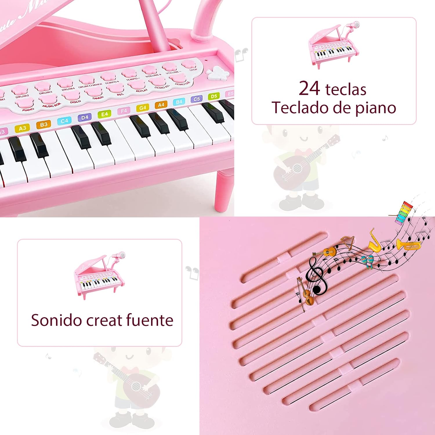 【Piano de Juguete Multifuncional】El piano de juguete viene con 24 teclados de piano de juguete, 8 instrumentos de percusión, 4 instrumentos musicales, 22 canciones de demostración, control de volumen y ritmo, "reproducir y grabar", karaoke, LED, MP3 externo y teléfono móvil, equipado con micrófono. .
【Educación Musical】Memoria cerebral, coordinación mano-ojo, reconocimiento de tonos, pensamiento independiente, desarrollo de la inteligencia emocional, temperamento y cultivo. Cultivar el talento musical de los niños desde una edad temprana.
【Alta Calidad】Hecho de plástico ABS de alta calidad, no tóxico y respetuoso con el medio ambiente. El piano de juguete mide aproximadamente 10,8*10,8*8,85 pulgadas, peso: 1,5 libras, requiere 4 pilas AA (no incluidas).
【Regalo de Cumpleaños】Ideal para niños y niñas mayores de 3 años para regalos, tiempo en familia y fiestas. Diseño de 24 teclas: con micrófono y diferentes funciones con control de volumen, para sumergirte a ti y a tu bebé en el mundo de la música.