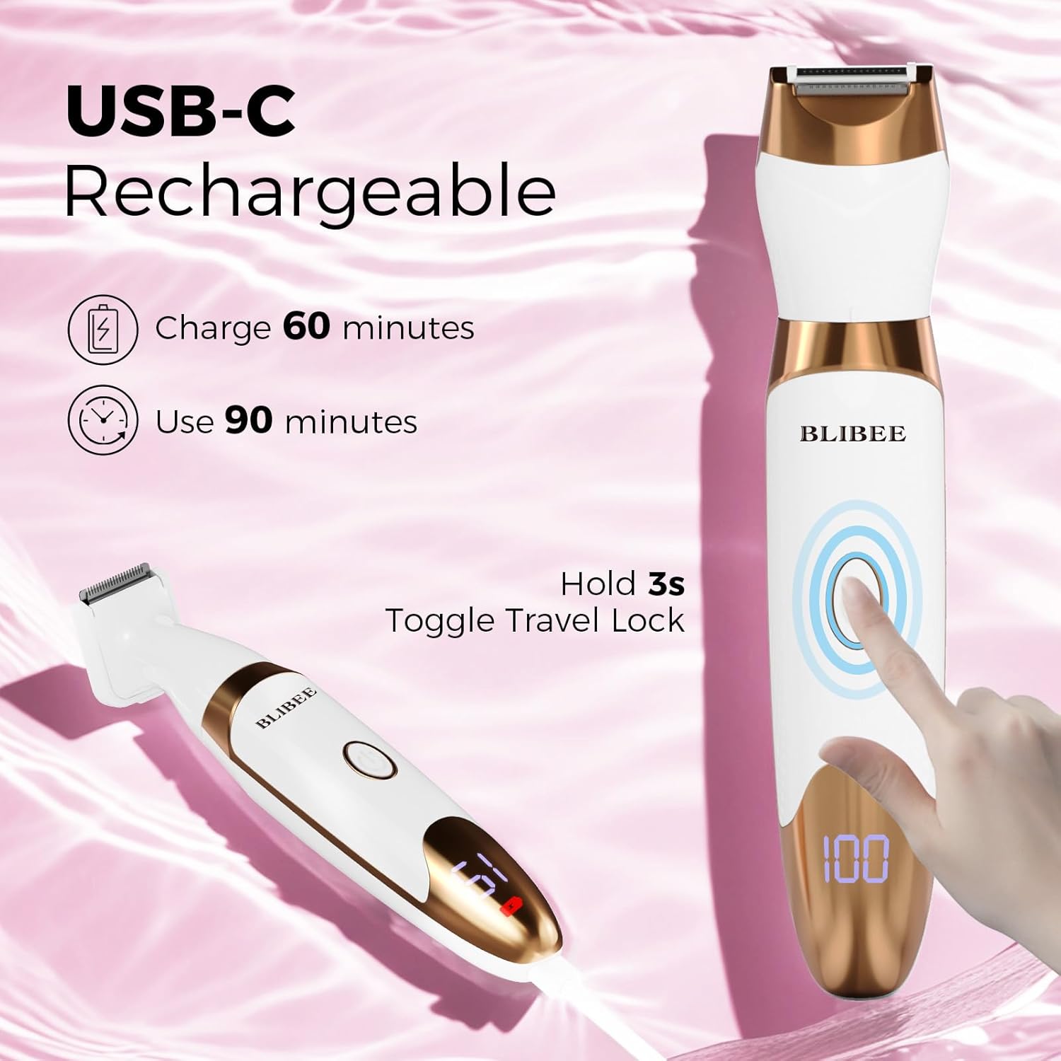 Bikini Trimmer for Women, LED Display Electric Razors for Women, 5-in-1 Electric Shaver, Rechargeable Painless Pubic Hair Trimmer for Legs, Underarms, Face & Sensitive Skin (Gold) - Image 4