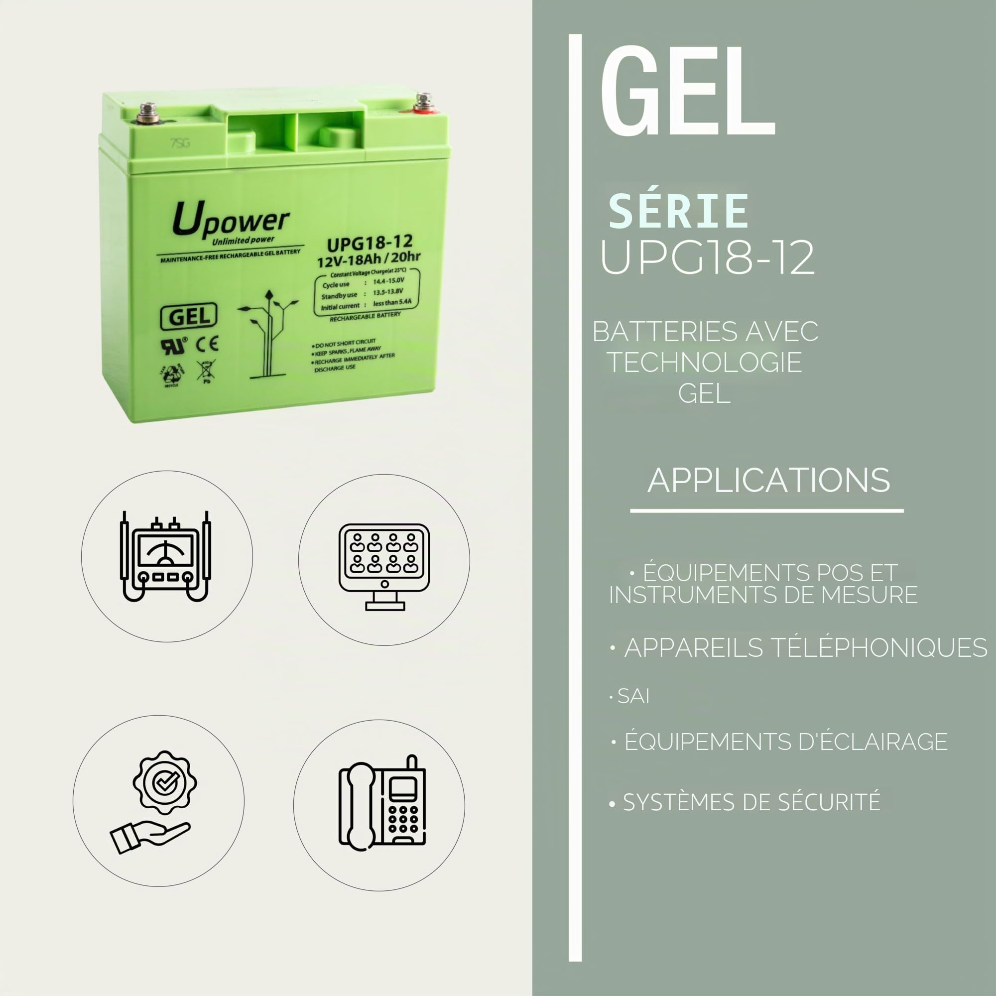 U-Power Batterie Plomb GEL 12V 18Ah T6mm