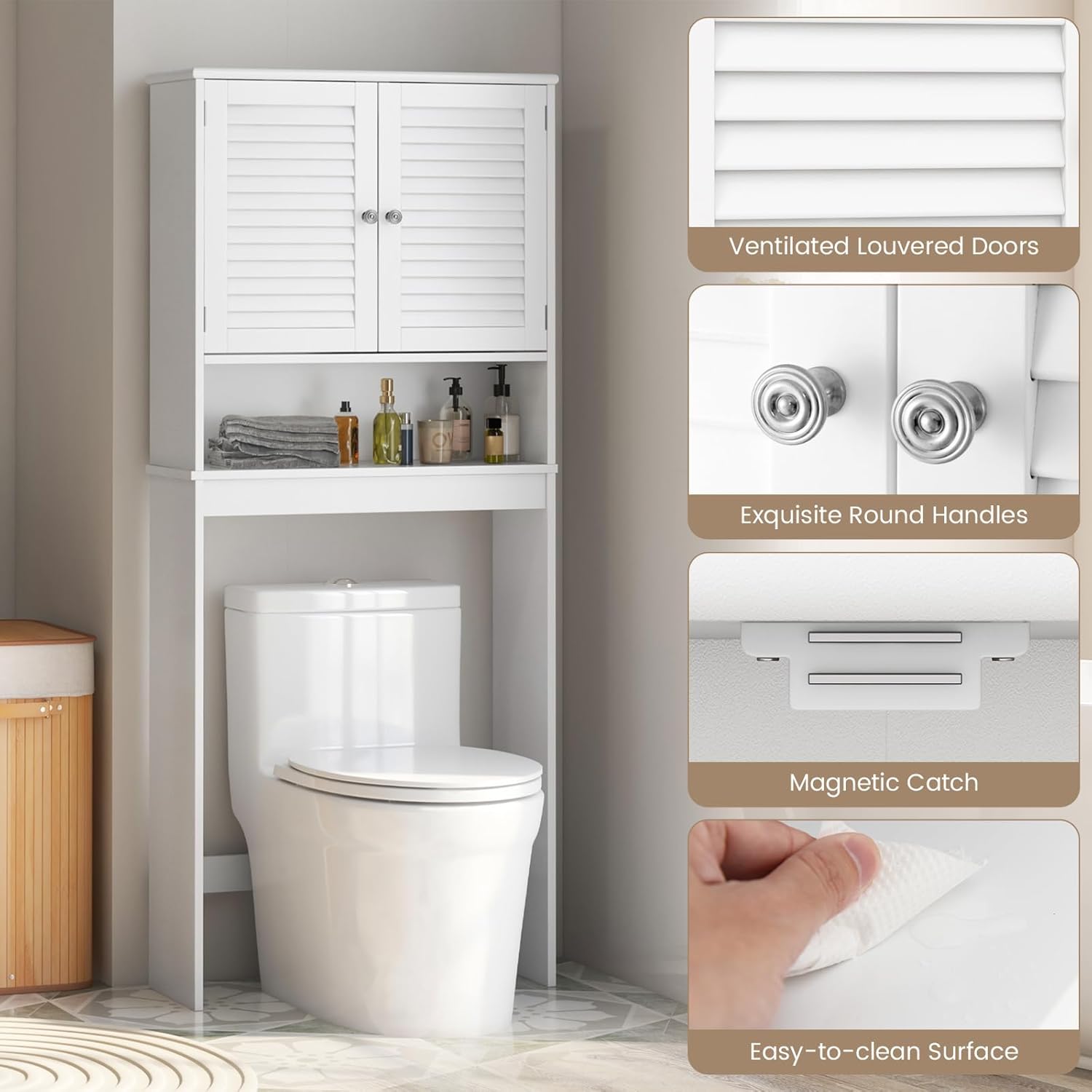 Giantex Over The Toilet Storage Cabinet, 3-Tier Over Toilet Bathroom Organizer with 2 Louvered Doors, Adjustable Shelf, Freestanding Above Toilet Space Saver for Restroom, Laundry Room