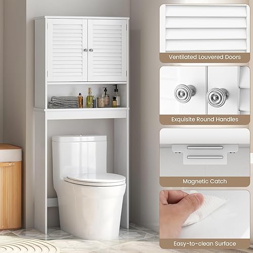 Miniatura 5 de Giantex Armario de almacenamiento sobre el inodoro, organizador de baño de 3 niveles con 2 puertas con rejillas, estante ajustable, independiente